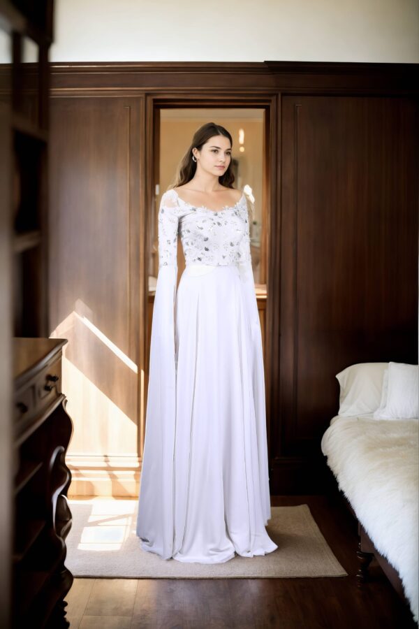 Regal Allure: White Satin Circular Flared Gown with Beaded Illusion Neckline, Net Full Sleeves, Pearl & Sequin Embellishments, and Cowl Draped Front - Image 4