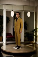 Honey Yellow Suiting Set with Notch Lapel Collar, Unique Pattern, Two-Button Blazer with Pocket, Full Sleeves, and A-Line Pants