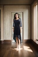 Black Lace Knee-Length High-Neck Western Gown with 3/4 Sleeves - Elegant Evening Wear