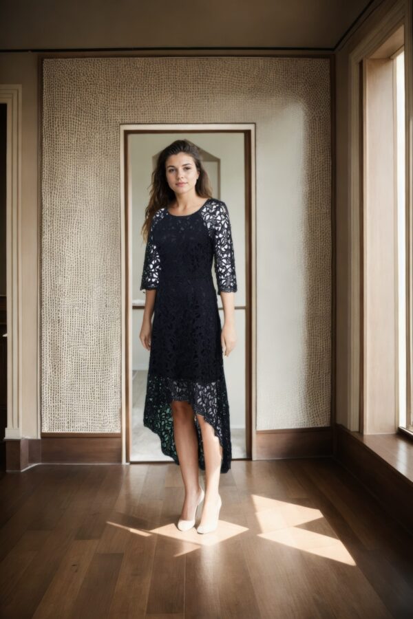Black Lace Knee-Length High-Neck Western Gown with 3/4 Sleeves - Elegant Evening Wear - Image 4
