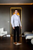 White Cotton Striped Slim-Fit Blazer with Notch Lapel Collar, Long Sleeves, and Blue Horizontal Line Welt Pocket Design