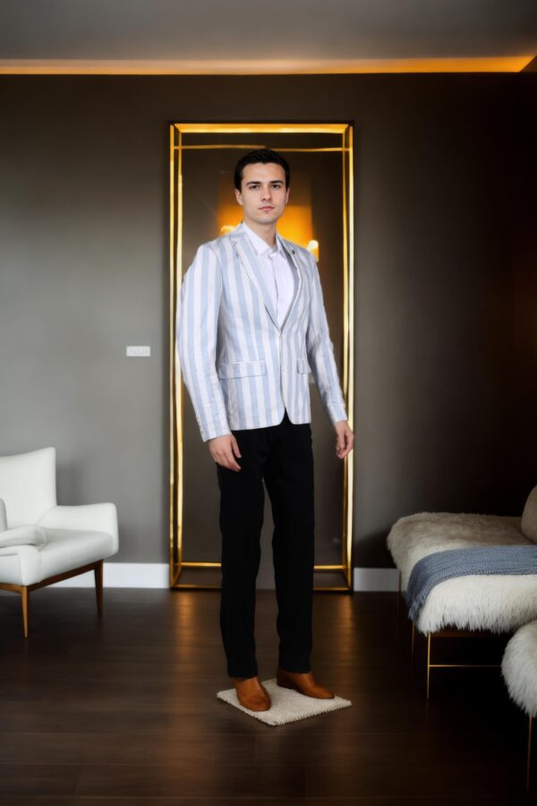 White Cotton Striped Slim-Fit Blazer with Notch Lapel Collar, Long Sleeves, and Blue Horizontal Line Welt Pocket Design - Image 2