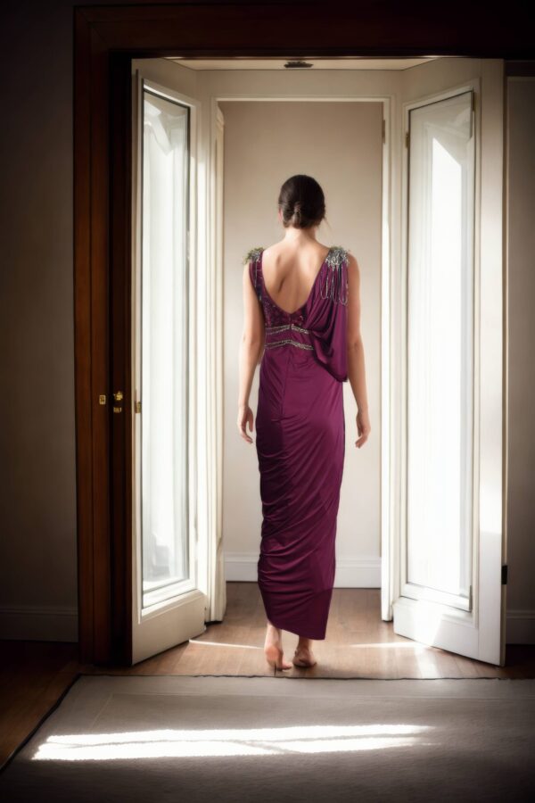 Dhoti Style Gown with Sequin Work on Upper Part and One-Shoulder Pleated Aari Work on Both Shoulders - Elegant Party Wear - Image 3