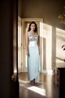 Chic Mint Cream Silk Indo-Western Crop Top with Abstract Sequin Work, Spaghetti Straps, V-Neckline & Silk Shine Dhoti