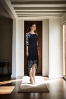 Black Lace Knee-Length High-Neck Western Gown with 3/4 Sleeves - Elegant Evening Wear