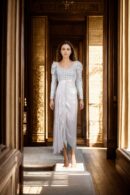 White Western Gown with Embroidery, Sequin Drape & Puff Sleeves - Perfect for Elegant Celebrations