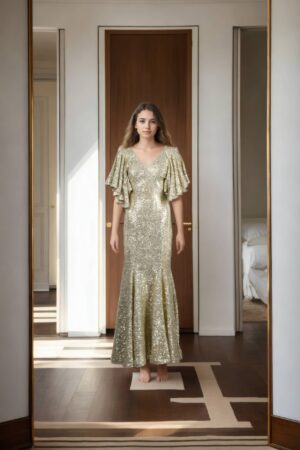 Golden Sequin V-Neck Mermaid Bodycon Dress with Flutter Sleeves - Glamorous Evening Wear