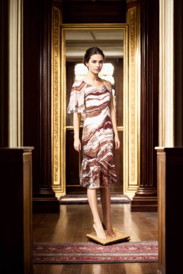 Chic Coffee Brown & Beige Printed Woven Sheath Dress with Round Neck, One Shoulder Sleeves, Attached Lining & Ruffled Hem - Perfect for Cocktail Parties & Special Occasions - Image 4
