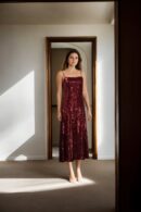 Maroon Sequin Gown with Neck and Sleeve Piping - Perfect for Glamorous Events & Formal Celebration