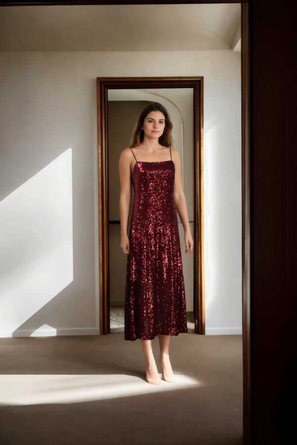 Maroon Sequin Gown with Neck and Sleeve Piping - Perfect for Glamorous Events & Formal Celebration - Image 5