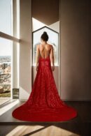 Red Georgette Western Gown with Full Sequin Work, Spaghetti Straps & High Slit - A-Line V-Neckline Floor-Length Prom Gown