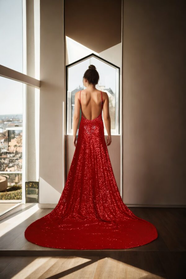 Red Georgette Western Gown with Full Sequin Work, Spaghetti Straps & High Slit - A-Line V-Neckline Floor-Length Prom Gown - Image 3