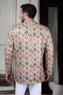 Pista Green Georgette Jacket with Diamond Shape Design, Colorful Embroidery & Sequins - Elegant Full-Sleeve, Long-Length Outerwear