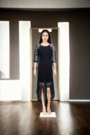 Black Lace Knee-Length High-Neck Western Gown with 3/4 Sleeves - Elegant Evening Wear