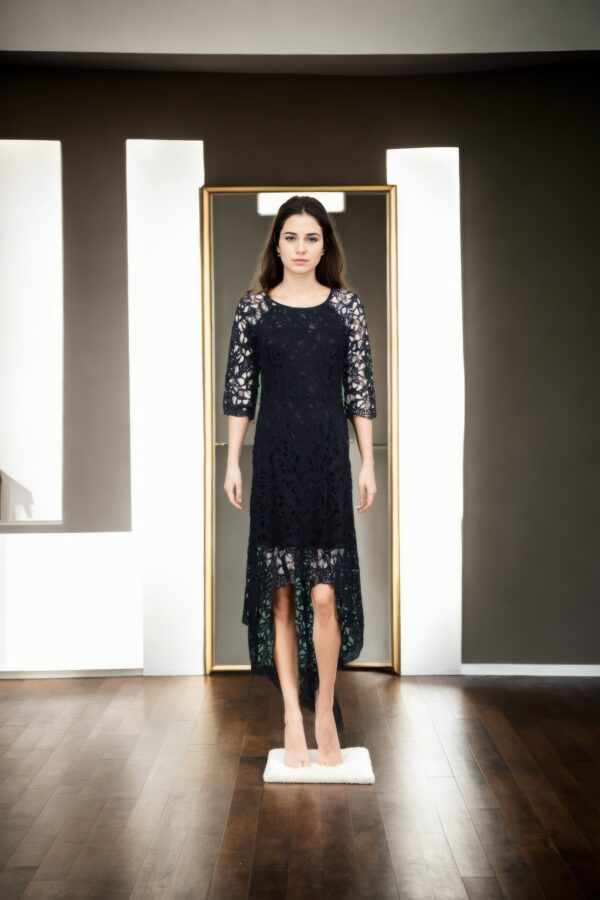 Black Lace Knee-Length High-Neck Western Gown with 3/4 Sleeves - Elegant Evening Wear