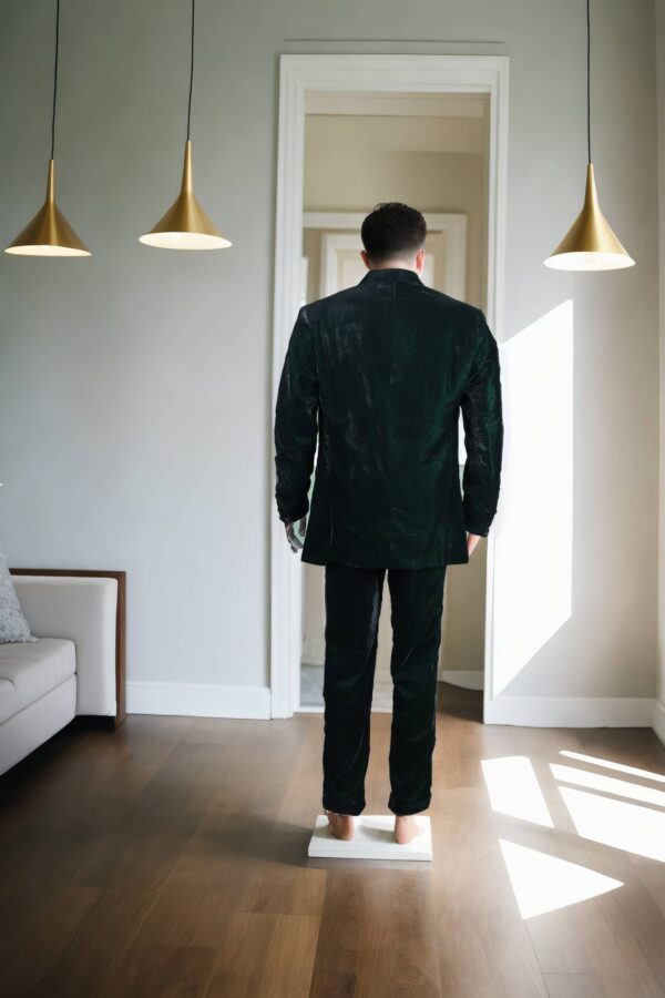 Solid Velvet Green Slim-Fit Blazer - One-Button Closure with Gold Button Detail, Chest & Side Flap Pockets, Full Sleeves & Padded Shoulders - Image 2