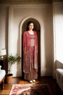 Elegant Chocolate Cosmos Sequin Skirt Set with Embellished Strap Blouse & Front-Open Jacket - Perfect for Weddings & Glamorous Events