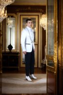 White Blazer with Shawl Collar and Black Satin Accents - Perfect for Weddings & Formal Events