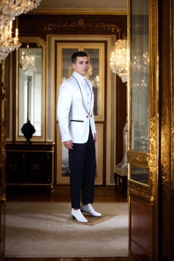White Blazer with Shawl Collar and Black Satin Accents - Perfect for Weddings & Formal Events - Image 2