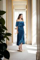 Dark Teal Green Velvet Off-Shoulder Faux Wrap Maxi Dress with Ruffle Design for Evening and Cocktail Parties