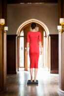 Red Stretchable Bodycon Dress with Half Sleeves and V-Neckline - Chic Evening Wear
