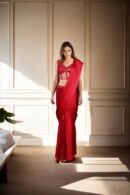 Glamorous Red Satin Readymade Drape Saree with Net Sequin Work Corset Strap Blouse & Sweetheart Neckline - Perfect for Weddings & Evening Events
