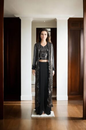 Black Georgette Circular Skirt with Sequin Work Blouse - Full-Length Stand Collar Jacket Chic Party Wear