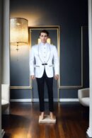 White Blazer with Shawl Collar and Black Satin Accents - Perfect for Weddings & Formal Events