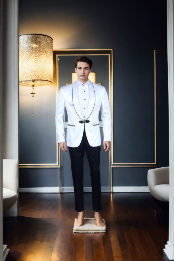 White Blazer with Shawl Collar and Black Satin Accents - Perfect for Weddings & Formal Events
