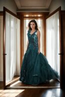 Luxurious Bottle Green Sequin Ball Gown with Illusion Neckline, Cascading Shoulders, A-Line Sequin Bottom, Half-Neck Net Frill Sleeveless, and Net Plain Dupatta with Sequin Border - Perfect for Weddings & Grand Events