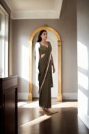 Elegant Olive Green Georgette Indo-Western Draped Saree with Embroidered Lace & Spaghetti Strap Blouse