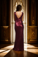 Burgundy Sleeveless V-Neck Full Sequin Dress with Thigh-High Split - Glamorous Evening Wear for Special Events