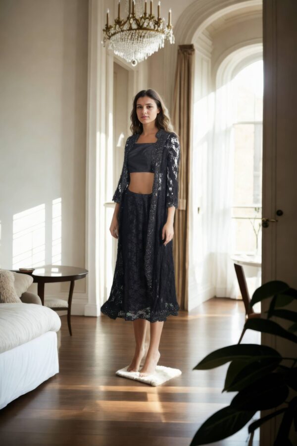 Black Cutwork Lace Dhoti Saree with Border Work Jacket & Strap Blouse - Modern Statement Wear - Image 2