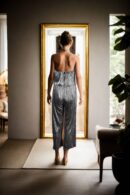 Chic Grey A-Line Dress with Halter Neckline and Striped Sleeveless Design - Knee-Length Casual & Evening Dress