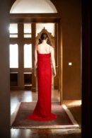 Red Velvet Strap Gown with Overlapped Sweetheart Neckline and Front Side Slit - Elegant Evening Wear