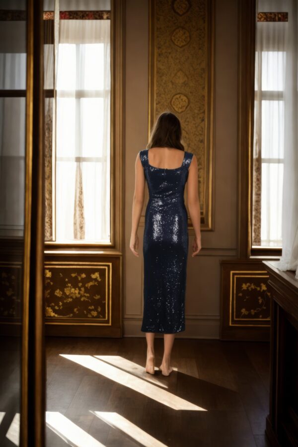 Black Sequin Sleeveless A-Line Dress with Square Neckline & Front Slit - Elegant Evening Wear - Image 3
