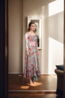 Elegant Celadon Green Georgette Indo-Western Set with Floral Print Crop Top, Sequin Lace Jacket & Dhoti Pants