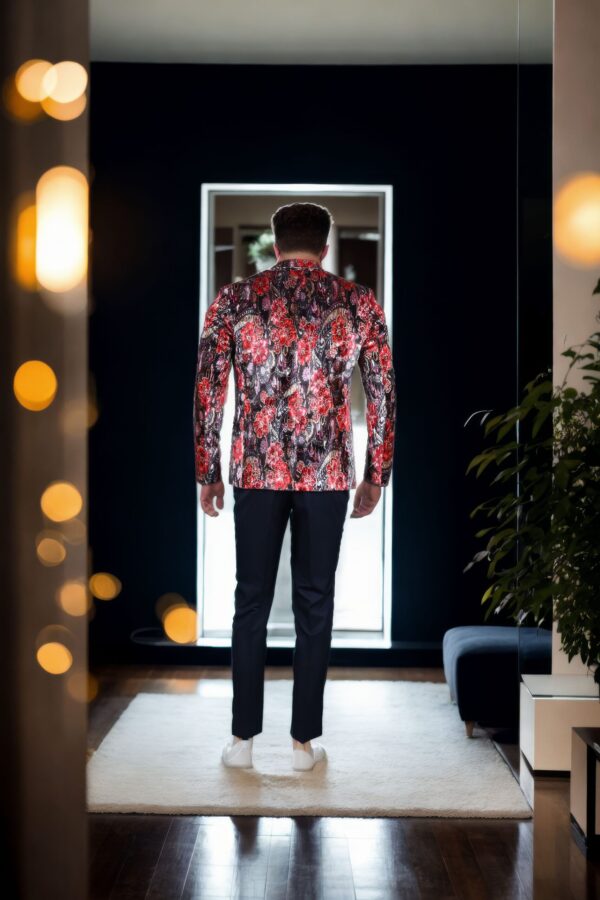 Brown Velvet Blazer with Maroon Flower Print - Perfect for Weddings & Formal Events - Image 3