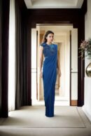 Sophisticated Blue Silk Gaurav Gupta Blouse with Back Zip & Round Neck Design Readymade Drape Saree - Perfect for High-End Events