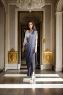 Sophisticated Grey Organza Readymade Drape Saree with One-Shoulder Tube Blouse & Pleated Sleeve Design - Perfect for Elegant Events