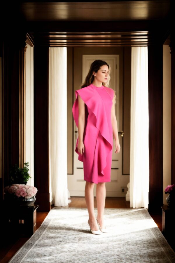 Pink Halter Neck Gown with One-Side Ruffled Design and Back Opening - Elegant Evening Wear - Image 4