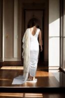 White Silk Satin Draped Saree with Bead Work & Leggings Bottom - Modern Fusion Wear