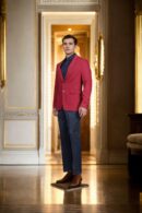 Maroon Denim Blazer - Notch Lapel Collar, Single-Breasted with Double-Button Closure & Double-Vented Back Hem