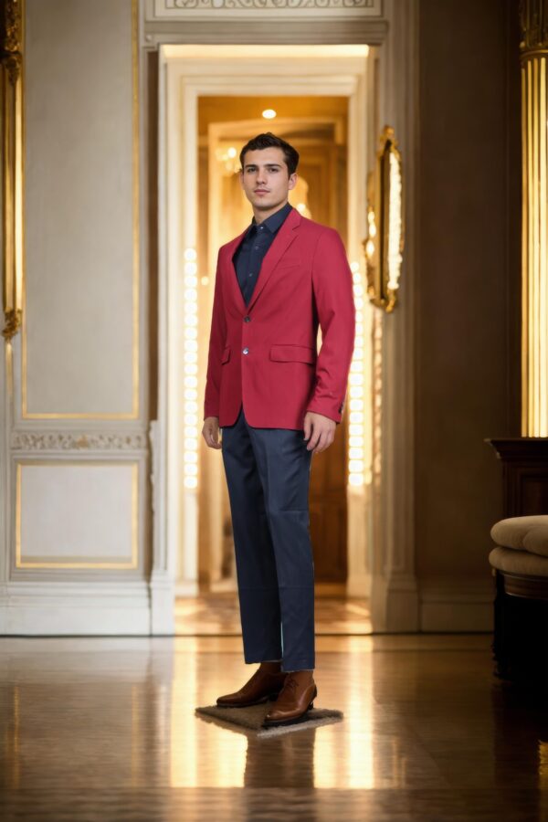 Maroon Denim Blazer - Notch Lapel Collar, Single-Breasted with Double-Button Closure & Double-Vented Back Hem - Image 2