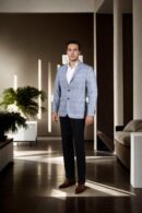 Greyish Blue Cotton Striped Slim-Fit Blazer with Notch Lapel Collar, Long Sleeves, and Yellow Geometric Design Welt Pockets