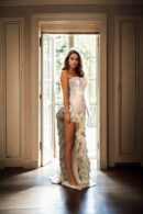 Creamish Strapless Bodycon Dress with Back Opening and Side High-Low Net Frills - Elegant Party Wear
