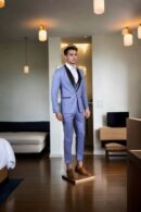 Sophisticated Satin Black Shawl Collar Blue Suit Set - Perfect for Weddings &- Formal Events