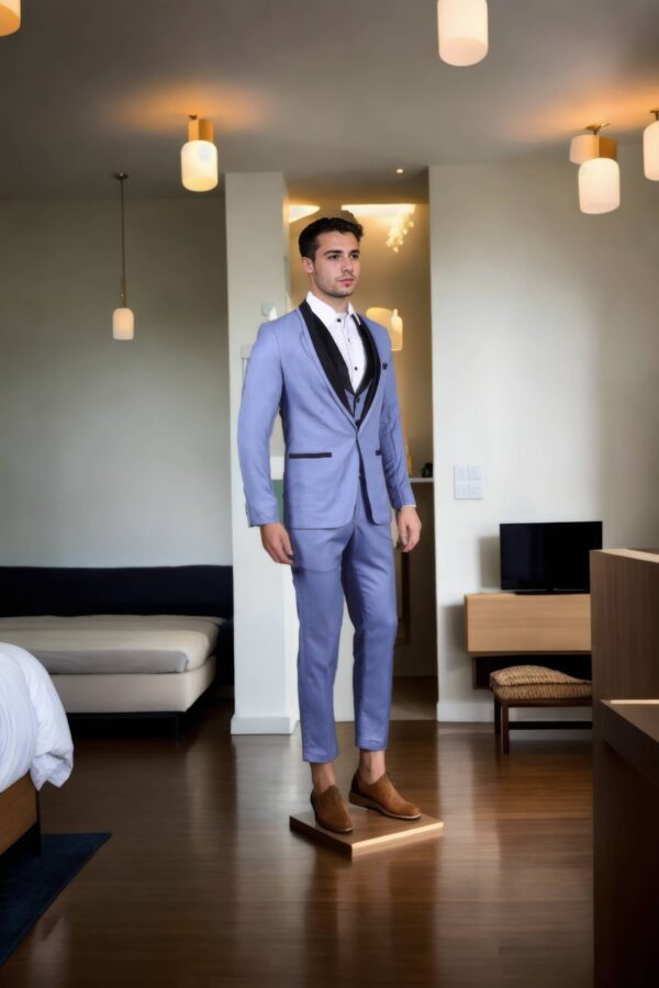 Sophisticated Satin Black Shawl Collar Blue Suit Set - Perfect for Weddings &- Formal Events - Image 4