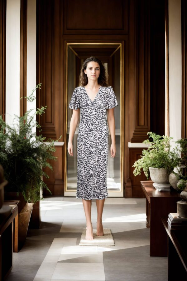 White and Black Animal Print V-Neck Fit and Flare Midi Dress with Slit Sleeves - Chic and Stylish Evening Wear