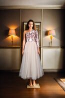 Luxurious Peach Full-Length One-Shoulder Gown with Sequin Embroidered Top & Full Sleeves - Perfect for Elegant Evenings & Special Occasions